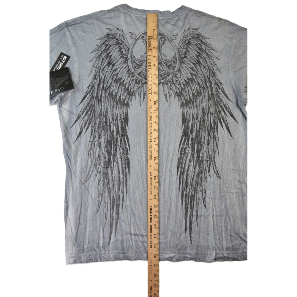 Affliction Eros SS Tee Mens Large Blue Distressed Wing Graphic T-Shirt A2242 NEW - Picture 10 of 10